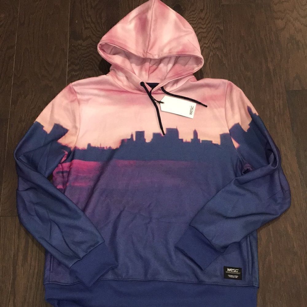 WESC Stockholm Sweden Mike Cityscape urban pink blue Hoodie sweatshirt jacket L